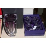Waterford Metra amethyst 10 inch vase with box and four Edinburgh brandy glasses,