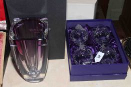 Waterford Metra amethyst 10 inch vase with box and four Edinburgh brandy glasses,