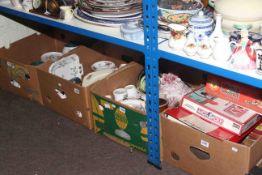 Four boxes of games, dinner and teaware including Denby Greenwheat,