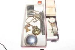 Box with silver pencils, Tudor watch, five 19th Century fobs,