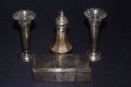 Silver caster, London 1913, pair silver trumpet spill vases,