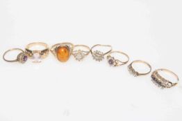 Collection of eight 9 carat gold gem set rings