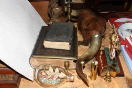 Cow horns, postal scales, family bible, bust, brass candlesticks,