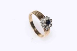 9 carat gold and round sapphire and diamond 'flower' ring with etched shank