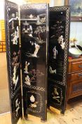 Oriental lacquered four fold vanity screen with applied decoration