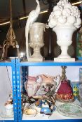 Candle stands, two large pottery ornaments, brass table lamp, two toilet jugs,