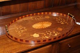 Edwardian inlaid mahogany gallery tray with brass handles