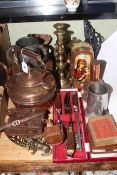 Metalwares and collectables including copper kettle, carver set, Victorian Scratch Fours cup,