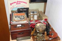 Collectables including Georgian caddy, horse brasses, Royal publications, brass photograph frame,