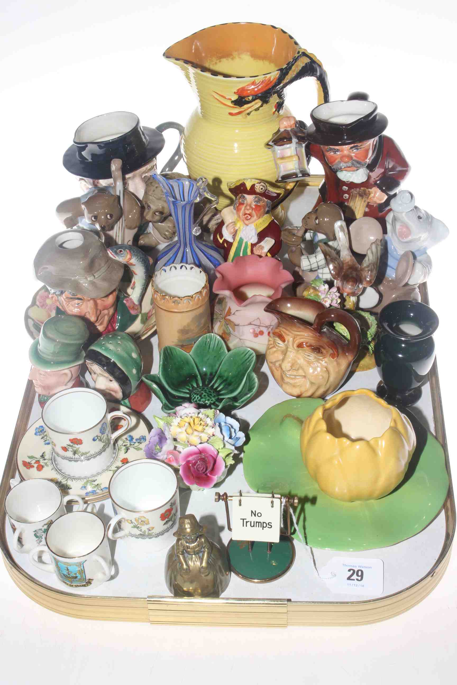 Tray lot of ornamental china including Royal Doulton character jugs, Graingers vase,