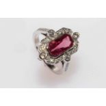 18 carat gold Art Deco style ruby and diamond cluster ring, ruby approximately 2.