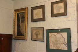 Four County map prints and gilt framed oil (5)