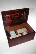 Mahogany games box with fitted lid and contents including cribbage board