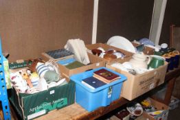 Seven boxes of books, china, glass, dinner and teawares, storage jars, Denby cups,