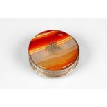 Continental ladies silver compact, circular form, banded agate hinged cover set with an applied