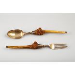 George III pair of silver servers with antler horn handles, Assay marked London 1818 by William Eley