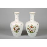 Pair of large Herend hand painted vases, baluster form, basket weave, gilt rim and base with hand