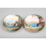 Pair Royal Worcester plates, handpainted Italian Lake Landscape with neoclassical figures, signed