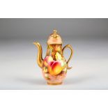 Royal Worcester miniature coffee pot, decorated with hand painted fruit on a naturalistic