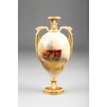 Royal Worcester vase, ovoid form, twin handles, raised on a circular foot, hand painted with
