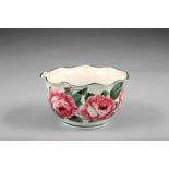 Wemyss Ware sugar bowl, circular form, scallop rim, hand painted with cabbage roses, incised and