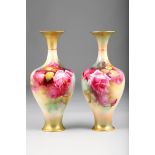 Pair Royal Worcester vases, baluster form with flared rims, hand painted with roses, signed White,