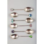 Boxed set of six silver and enamel coffee spoons of Art Nouveau design, Assay marked Birmingham 1909