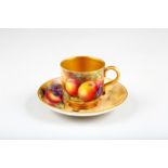 Royal Worcester coffee cup and saucer, handpainted with fallen fruit, signed Moseley/H.Everett. Date