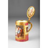 Royal Vienna porcelain tankard with cover, hand painted figure panel titled ‘Alexander’, 15cm high