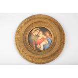 Gilt framed 19th Century continental circular porcelain plaque, hand painted with Madonna and Child,