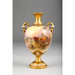 Royal Worcester vase, ovoid form, twin handles raised on a circular foot, hand painted with Highland