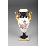 German fine porcelain vase, baluster form with twin gilt swan handles, decorated in cobalt blue with