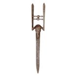 AN INDIAN DAGGER (KATAR), LATE 17TH CENTURY with fullered blade tapering towards the point, iron