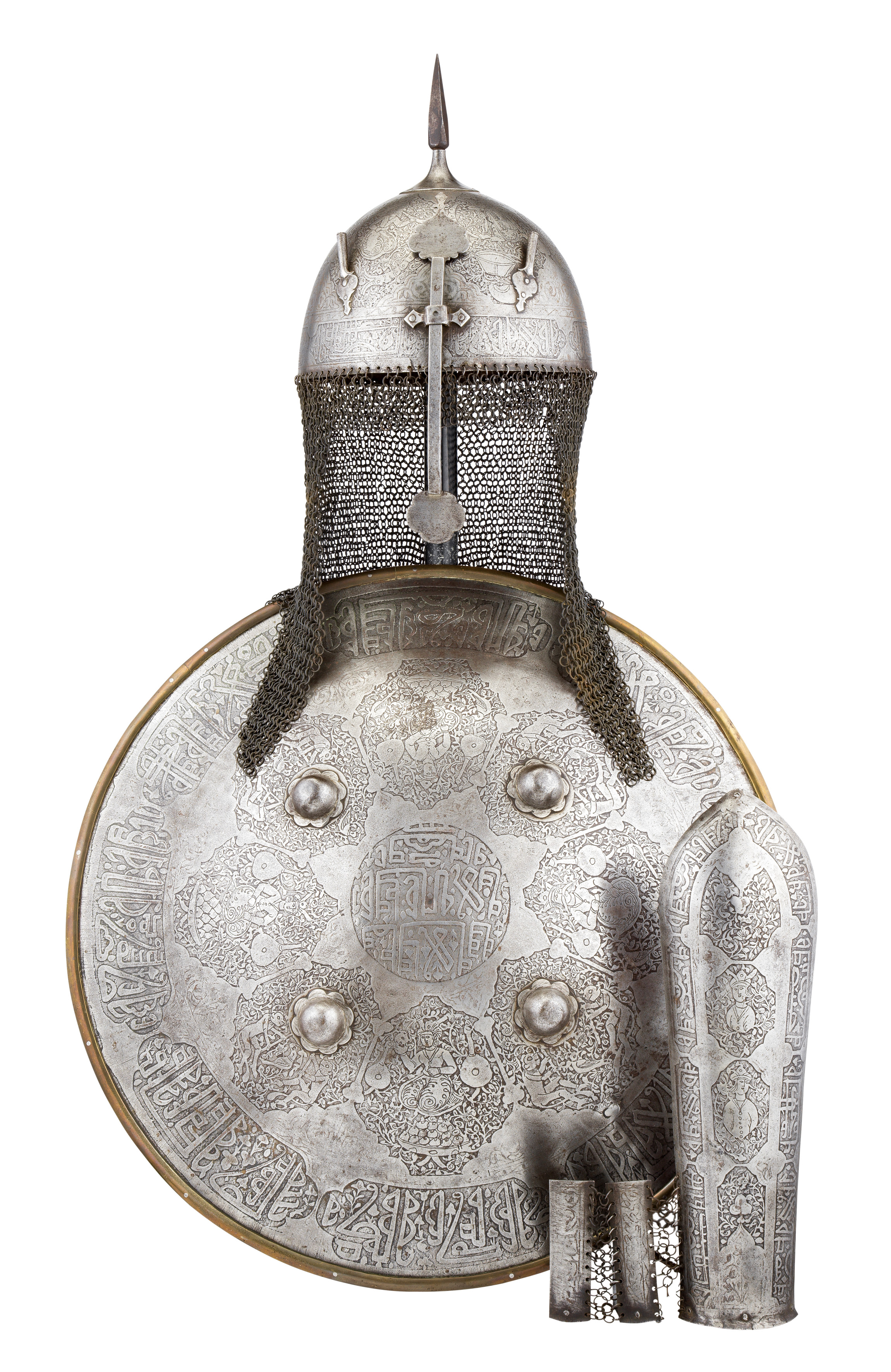 A PERSIAN DECORATED PART ARMOUR, QAJAR, 19TH CENTURY comprising helmet (kulah khud), with