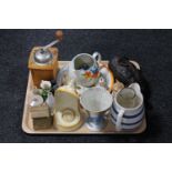 A tray of coffee grinder, Staffordshire milk jug, Cooks vintage measure,