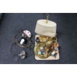 A tray of converted continental hanging oil lamp with shade, assorted brass and copper ware,