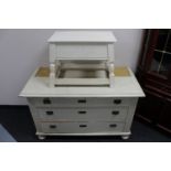 An early 20th century painted oak three drawer chest and a storage stool