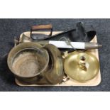 A tray of brass candlestick, eastern crescent moon brass mirror,