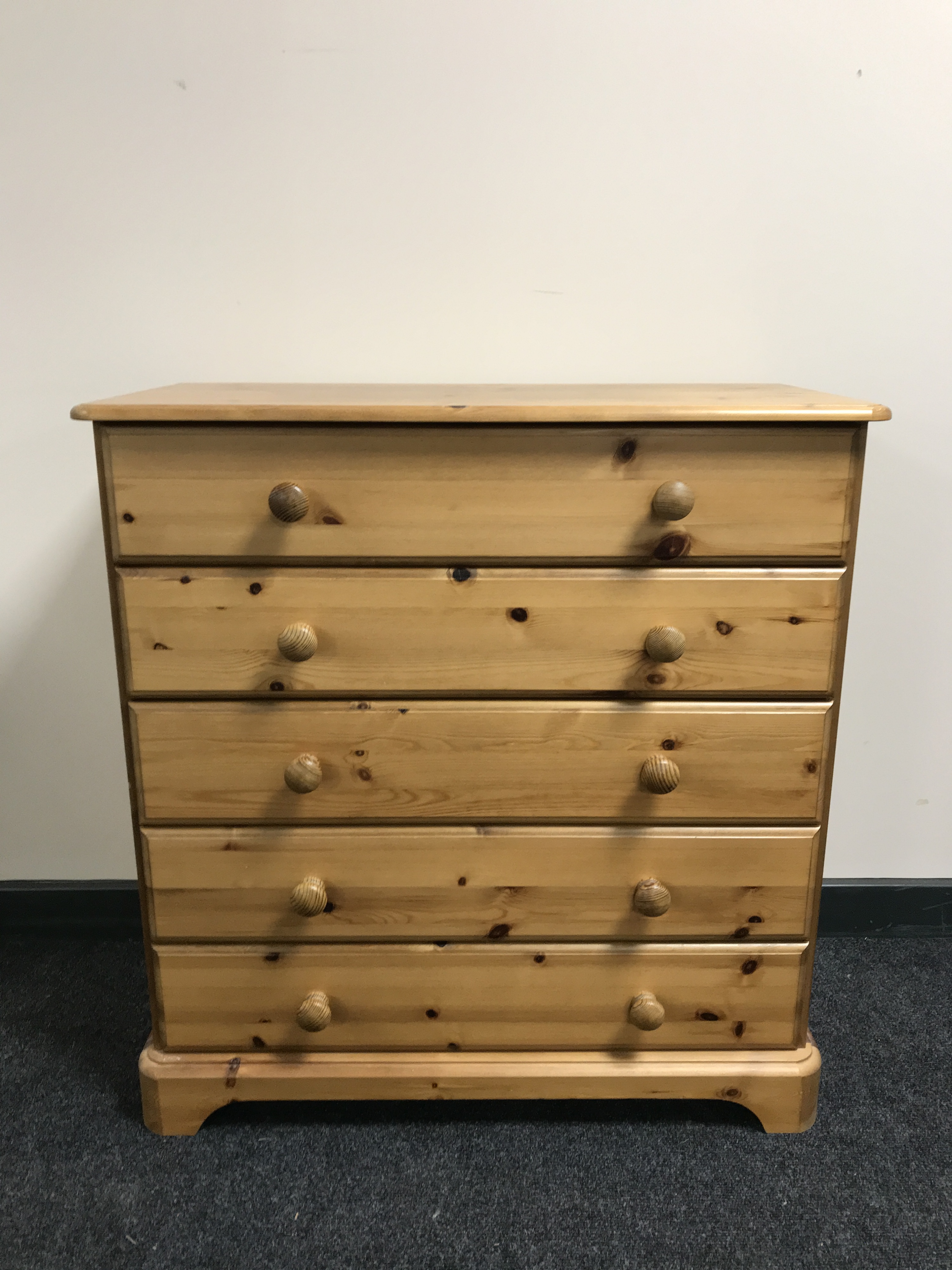 A pine five drawer chest CONDITION REPORT: 80cm wide, 83cm high and 40cm deep.