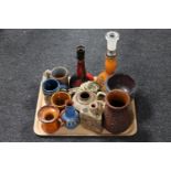 A tray of Danish pottery, mugs, candle holders, vases,