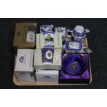 A tray of Ringtons china, Willow pattern teapot, water jugs, boxed Caddies,