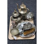 A tray of twentieth century plated ware including teapots, candlesticks,