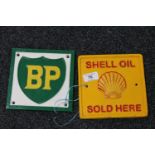 Two square cast iron signs - BP and Shell