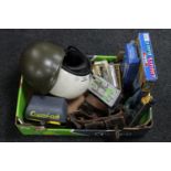 A box of motor cycle helmet, military helmet, leather belts, boxed Concorde plane,