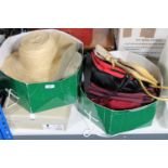 Two boxes of lady's hand bags, hats, Hush Puppy boots size 4,