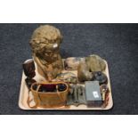 A tray of cased binoculars, carved marble bear figure, miniature mandolin,