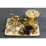 A tray of brass ware - bell, oil lamp, pestle and mortar,