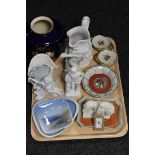 A tray of Danish pottery dishes, blue gilded vase,