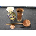 An embossed copper stick pot with two copper bed warming pans and large pottery jug