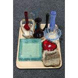 A tray of coloured continental glass ware together with a rock sample